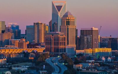 A stunning view of Charlotte's modern skyline at sunset, highlighting skyscrapers and urban design.