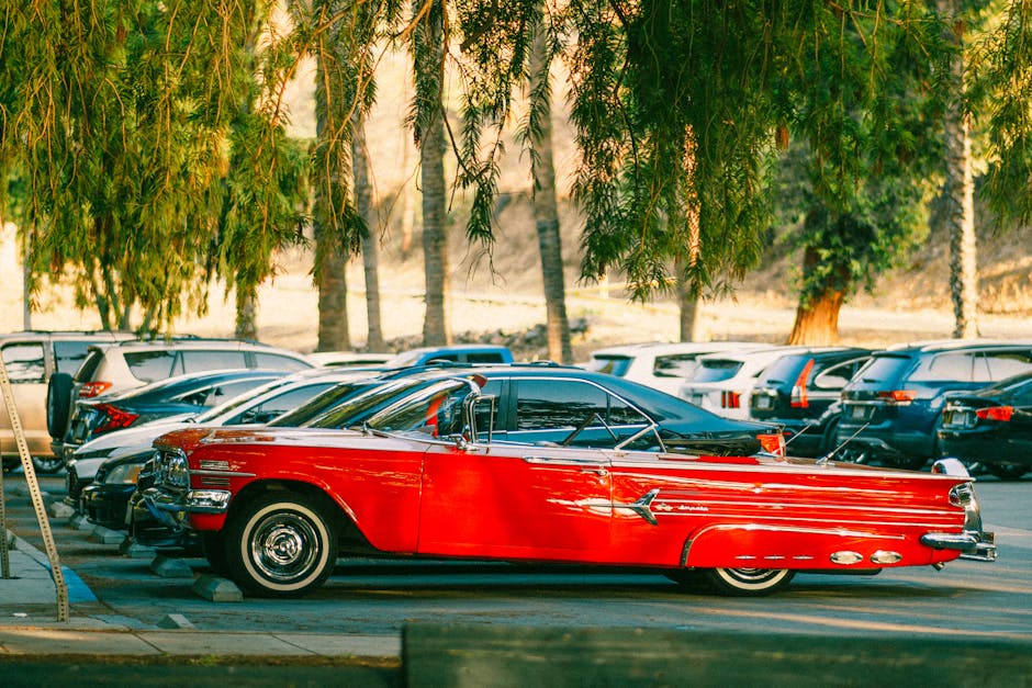 A vibrant red classic car parked among modern vehicles under tall trees in California.