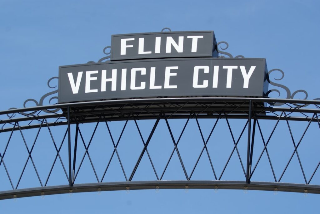 a black and white sign that reads flint vehicle city