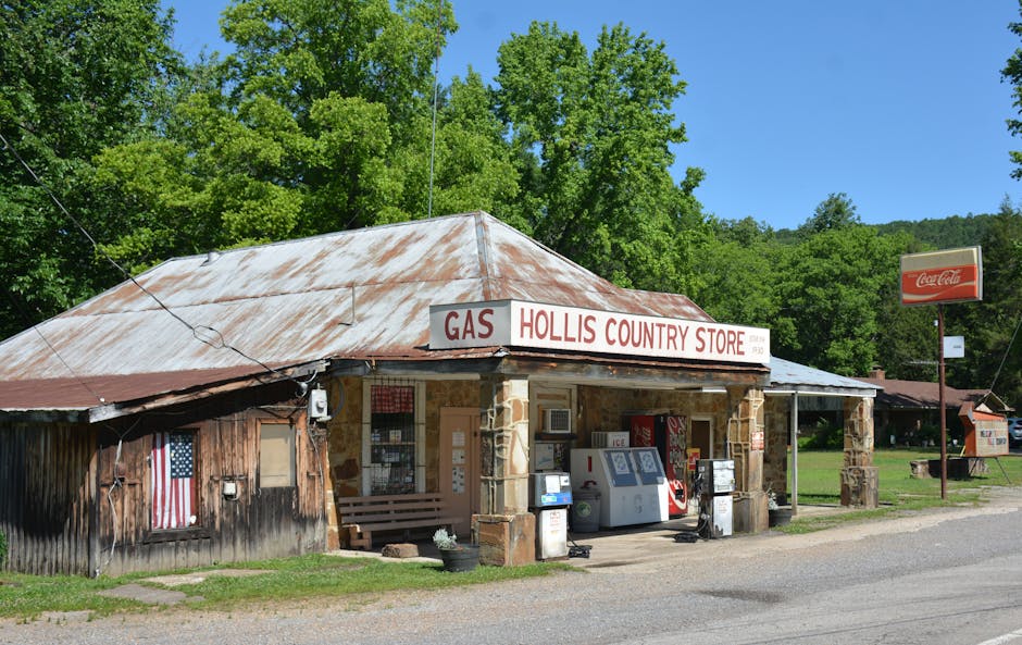 Charming vintage country store with gas pumps and Coca-Cola sign, tucked in rural greenery.