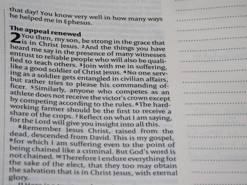 Text from the bible focuses on strength and suffering.