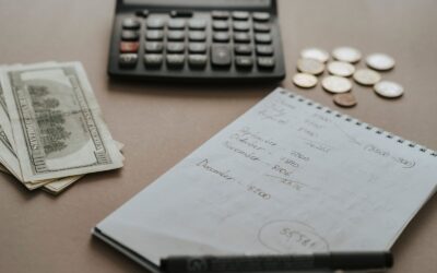 Calculator, cash and handwritten budget notes on a desk